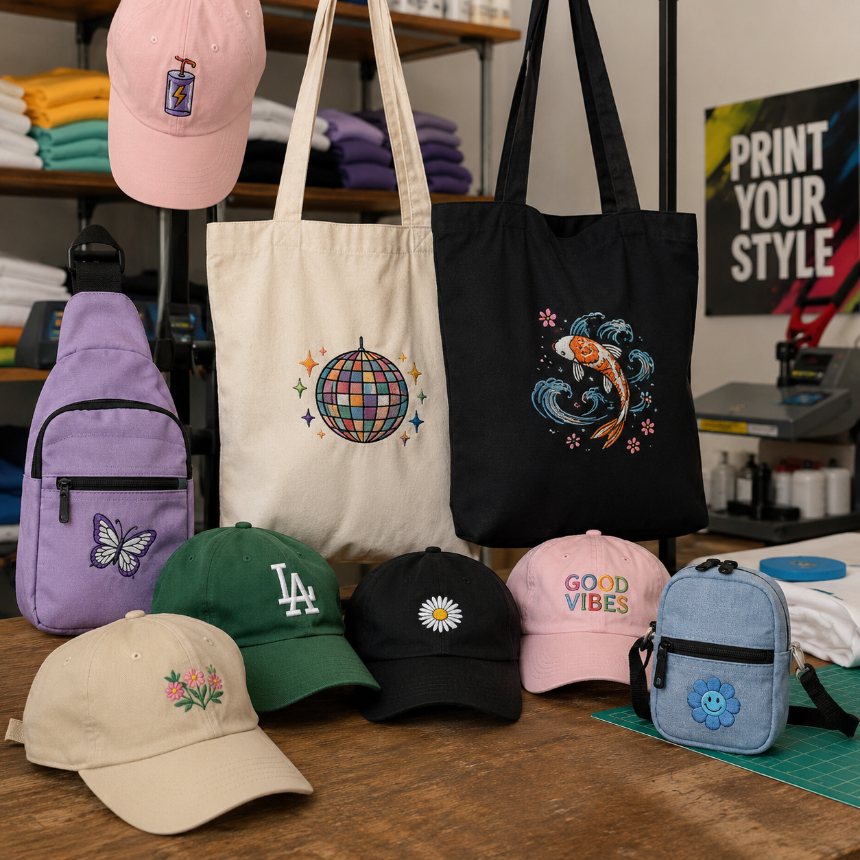 Gorras, tote bags y mochilas